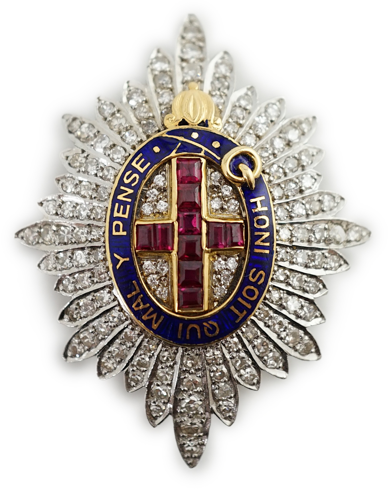 An 18ct gold, platinum, diamond, enamel and ruby Order of the Garter brooch